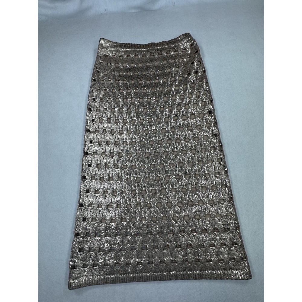 St. John Collection Gold Metallic Knit Pencil Skirt Size Sm Open‎ Weave Lined